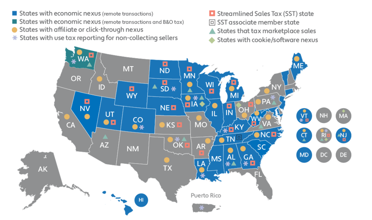 US sales taxes map for ecommerce sellers economic nexus