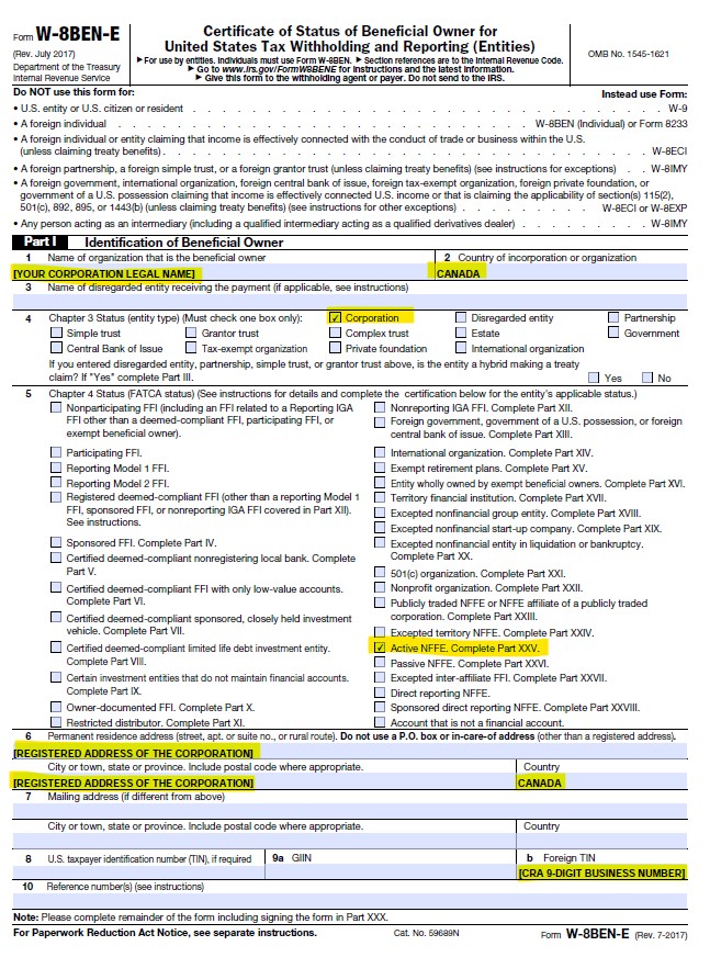 ecommerce w-8ben-e canada amazon shopify us irs