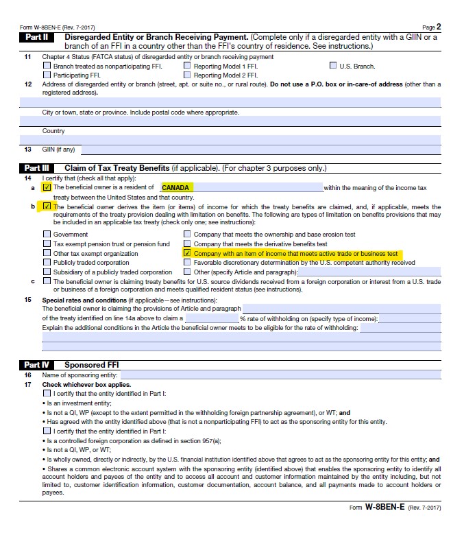 W-8BEN-E for Canadian eCommerce Sellers: FAQs & Sample – Baranov CPA